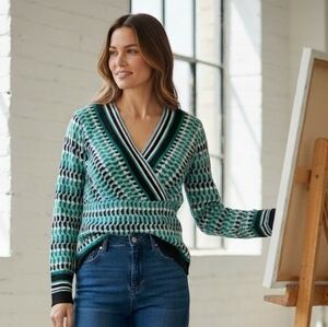 Jones New York Teal and Black V-Neck Sweater